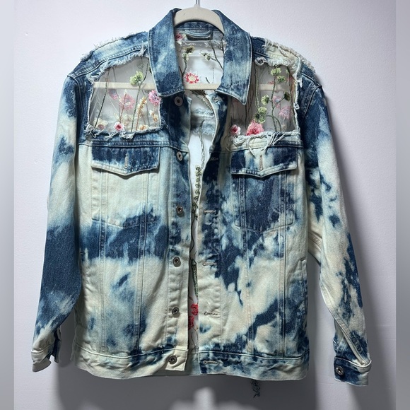 Y2K Canyon River Blues Embroidered Sheer-Panel Tie-Dye Denim Jacket oversized - Picture 6 of 16